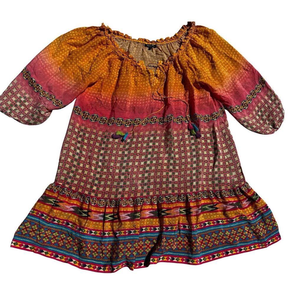 Tanvi Kedia Swing Dress Women's Large Anthropology Boho Print Ruffled Drawstring